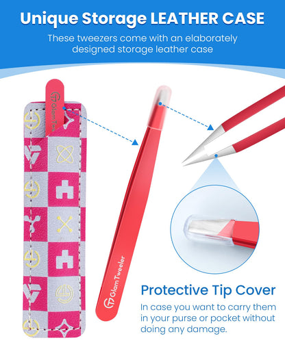 Expert Eyebrow Hair Removal Tweezer with Leather Case, GlamTweeler High Precision Slant Tip Stainless Steel Tweezers for Men and Women (Hot Pink)