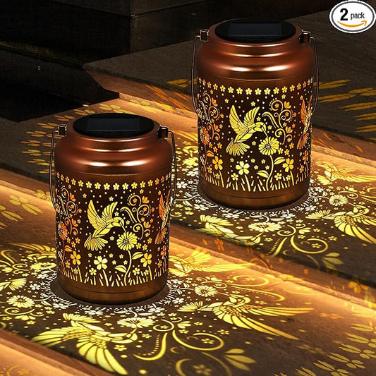 2 Pack Solar Lanterns Outdoor Garden Decor- Solar Lights Waterproof Hummingbird Decorative Gifts for Women Mom Grandma Hanging Metal Lights Gardening Gift for Outside for Yard, Patio, Backyard, Farm