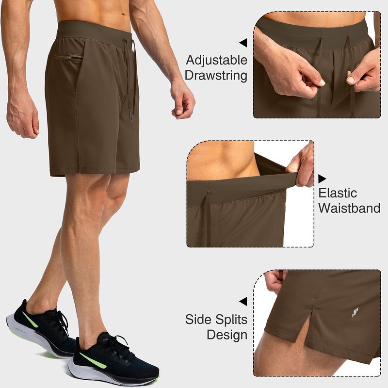 Soothfeel Men's Running Shorts with Zipper Pockets 7 Inch Lightweight Quick Dry Gym Athletic Workout Shorts for Men (Brown, XL)