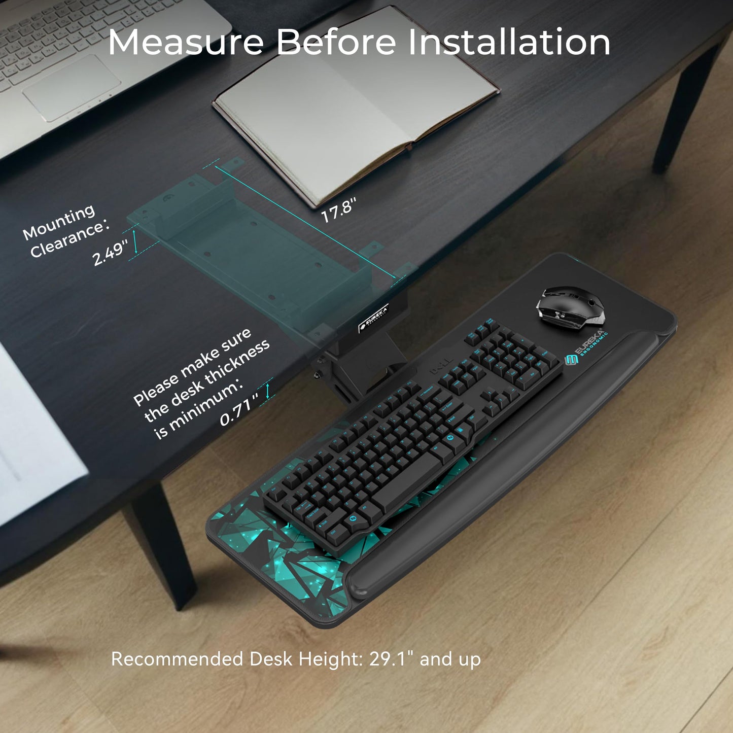 EUREKA ERGONOMIC Height Adjustable Mouse & Keyboard Tray Under Desk, 28x10'' Large Slide Out Swivel Tilt Computer Keyboard Drawer with Mouse Pad for Gaming Home Office Desk, Dual Mount