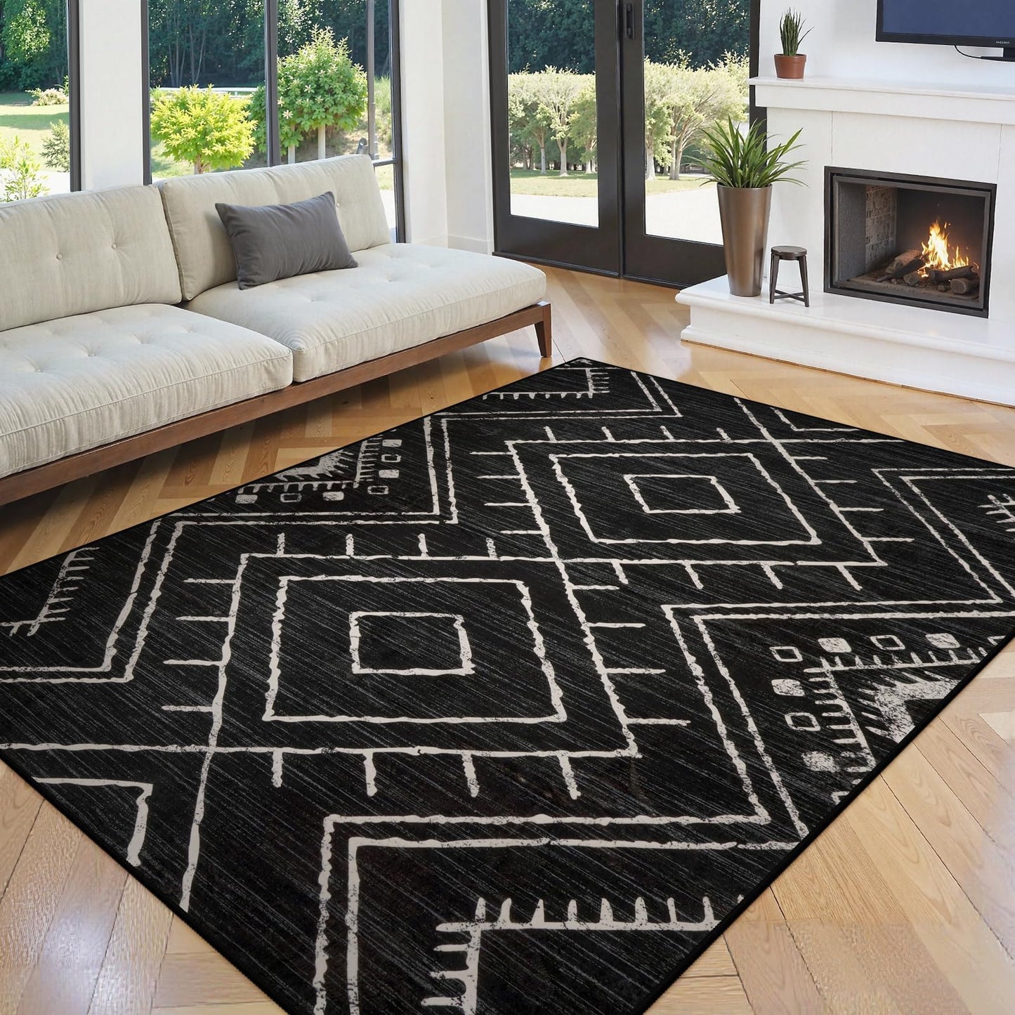 LIVEBOX Western 5x7 Area Rug, Black Washable Rugs for Living Room Bedroom, Non Slip Moroccan Tribal Rug Low Pile Modern Geometric Boho Area Rugs Diamond Carpet for Dining Room Home Office Playroom