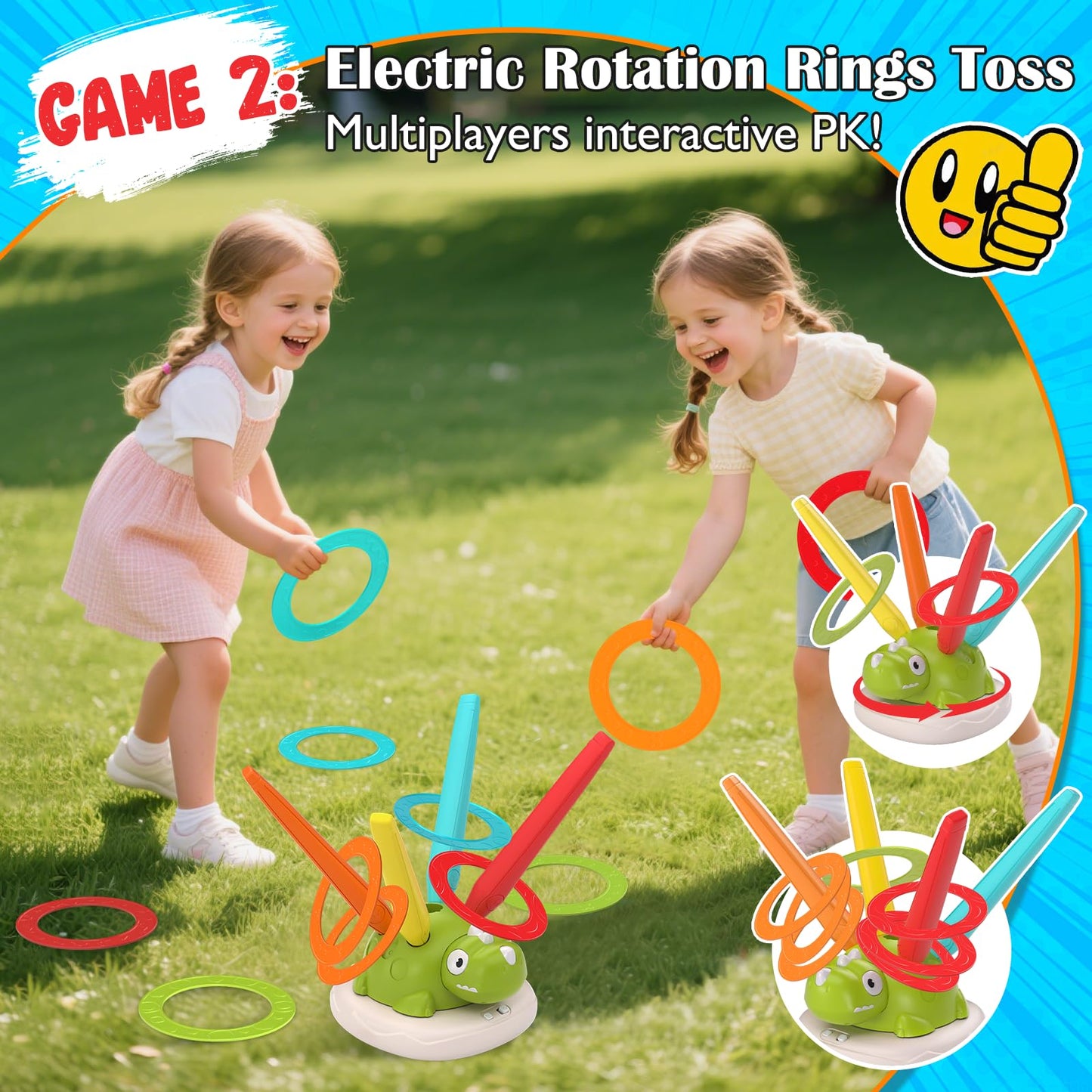 Indoor Outdoor Games for Kids, 3 in 1 Musical Jump, Ring Toss Game & Stomping Rocket Launcher for Kids, Dinosaur Sports & Outside Play Activities Toys with Remote Control for Toddlers 3-5 4-8