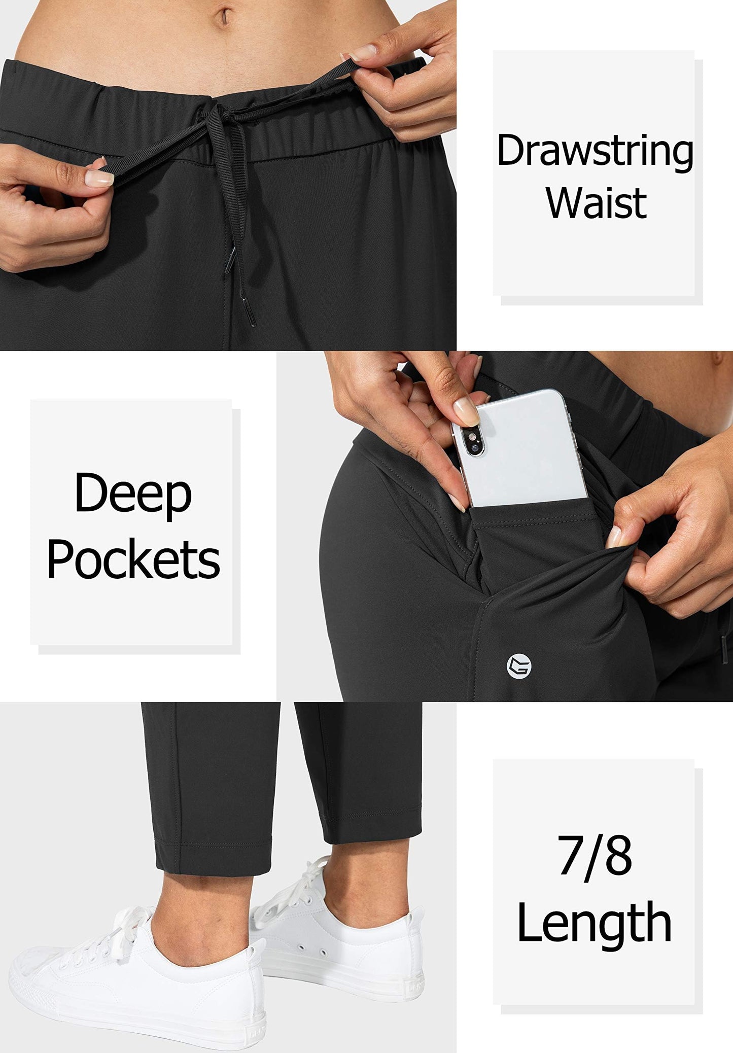 G Gradual Women's Pants with Deep Pockets 7/8 Stretch Sweatpants for Women Athletic, Golf, Lounge, Work (Black, X-Small)