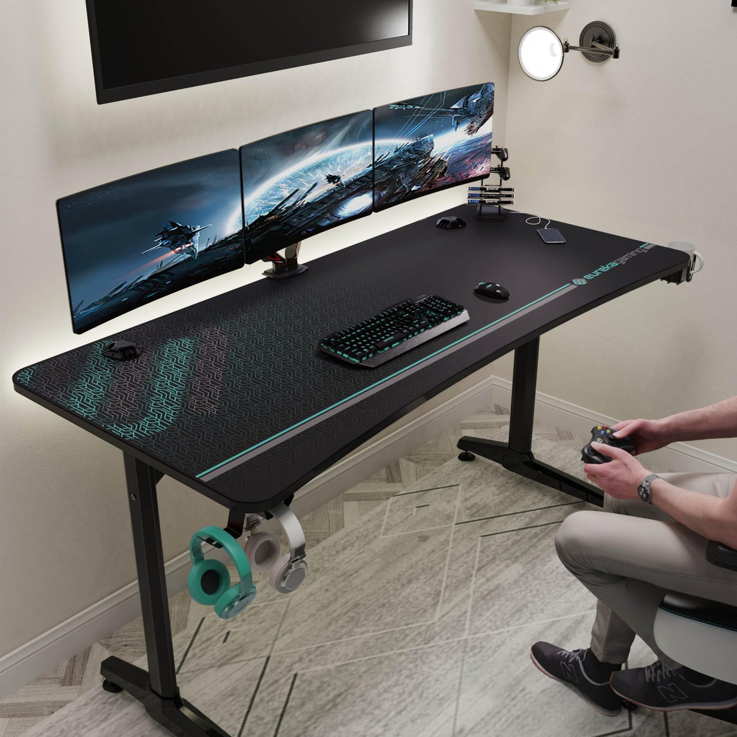 EUREKA ERGONOMIC 60 Inch Gaming Desk with Full Mouse Pad, Large Home Office Curved Computer Desk for 3 Monitors with Cup Holder, Headphone Hook and Handle Rack with USB Charging Ports for Gamer, Black