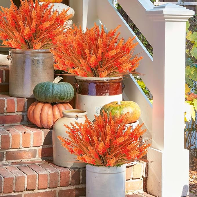 12 Bundles Artificial Fall Flowers for Outdoors Fake Fall Lavender Flowers UV Resistant Plastic Faux Fall Plants for Home Porch Autumn Fall Decorations (Orange)
