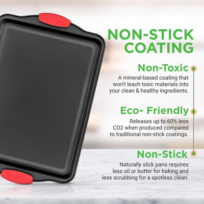 NutriChef 3-Piece Nonstick Kitchen Oven Baking Pans - Premium & Stylish Non-Stick Steel, Commercial Grade Restaurant Quality Metal Bakeware with Red Silicone Handles - Easy to Clean