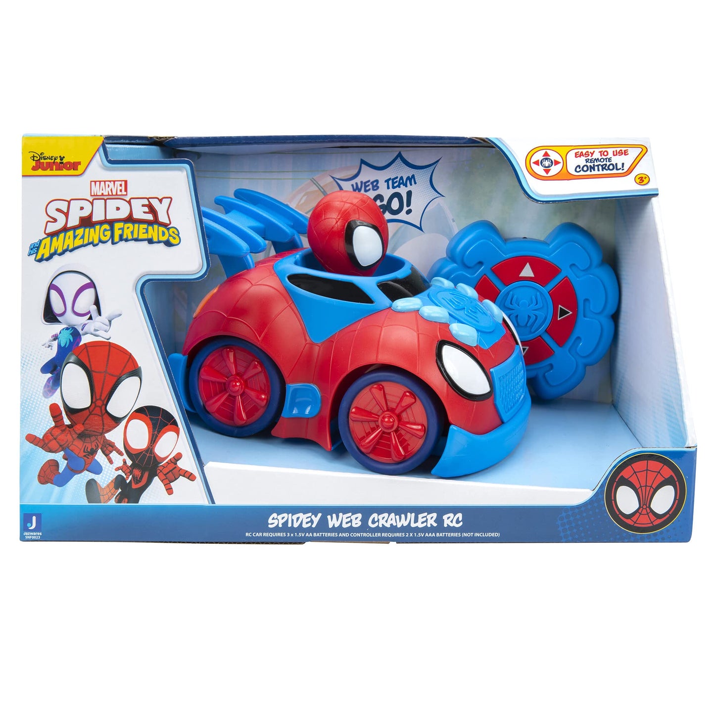 Jazwares Marvel Spidey and His Amazing Friends Web Crawler RC - Remote-Controlled Vehicle - Features Built-in Super Hero with 4 Controller Functions, Blue & Red