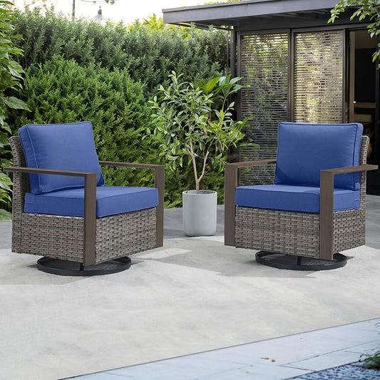 Rilyson Outdoor Patio Swivel Rocker Chairs - Wicker Rattan Patio Swivel Rocking Chairs Set of 2 with Metal Wide Armrest, Thick Cushions and Deep Seating for Deck Porch Sunroom Garden(Mixed Grey/Blue)