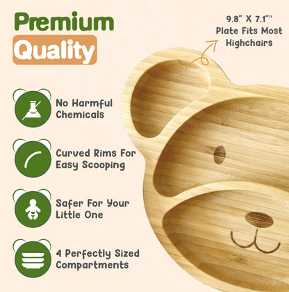 Bamboo Plates for Kids - Baby & Toddler Plates with Suction for Feeding & Weaning, Eco-Friendly Bear Design Promotes Self-Feeding, Ideal for Busy Moms & Dads, Sturdy & BPA-Free (Blue)