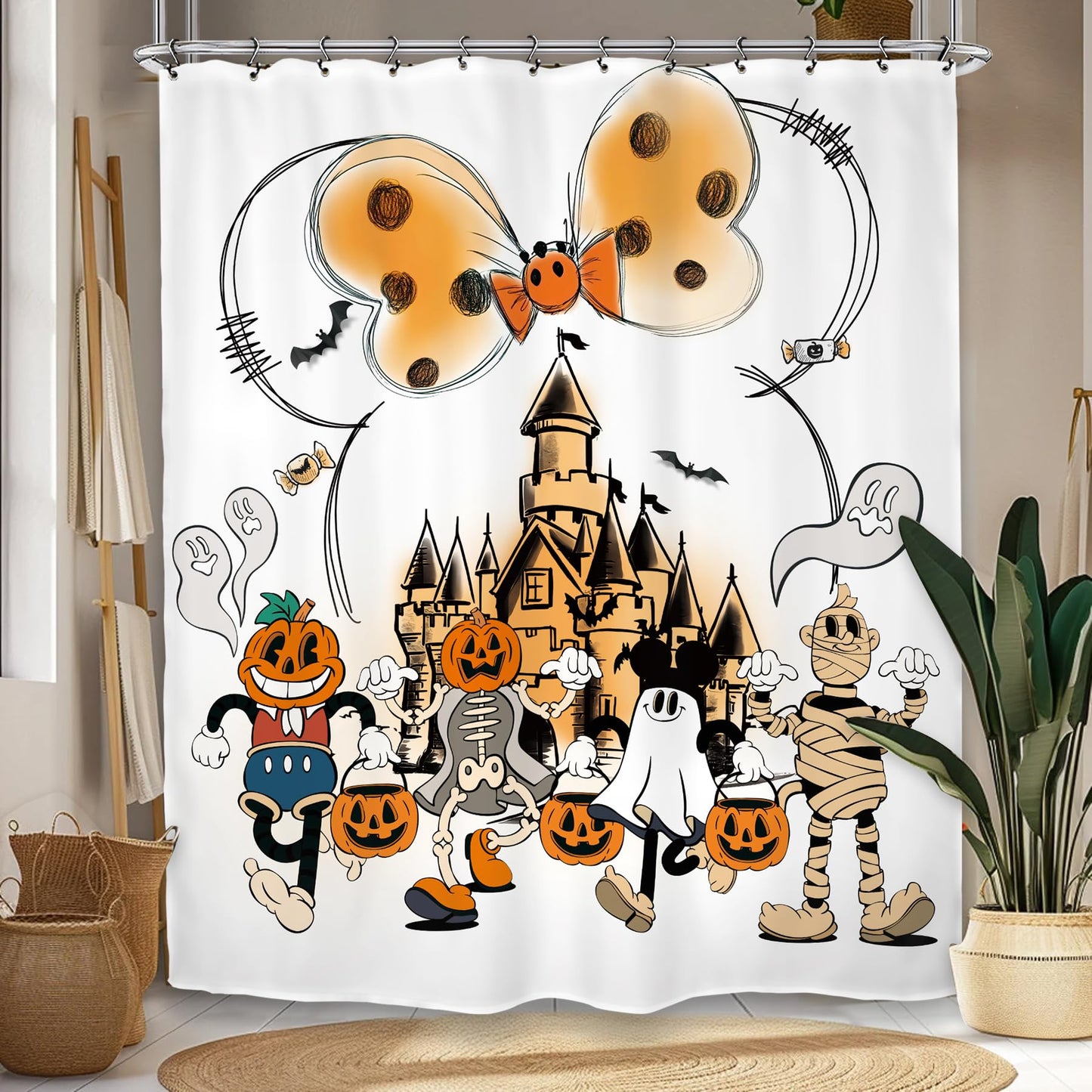 Kalmico Halloween Ghost Pumpkin Mummy Shower Curtain 60Wx72L Inch Trick or Treat Scary Spooky Pumpkin Horror Mouse Head Bathroom Set Accessories Decor with 12 Pack Hooks