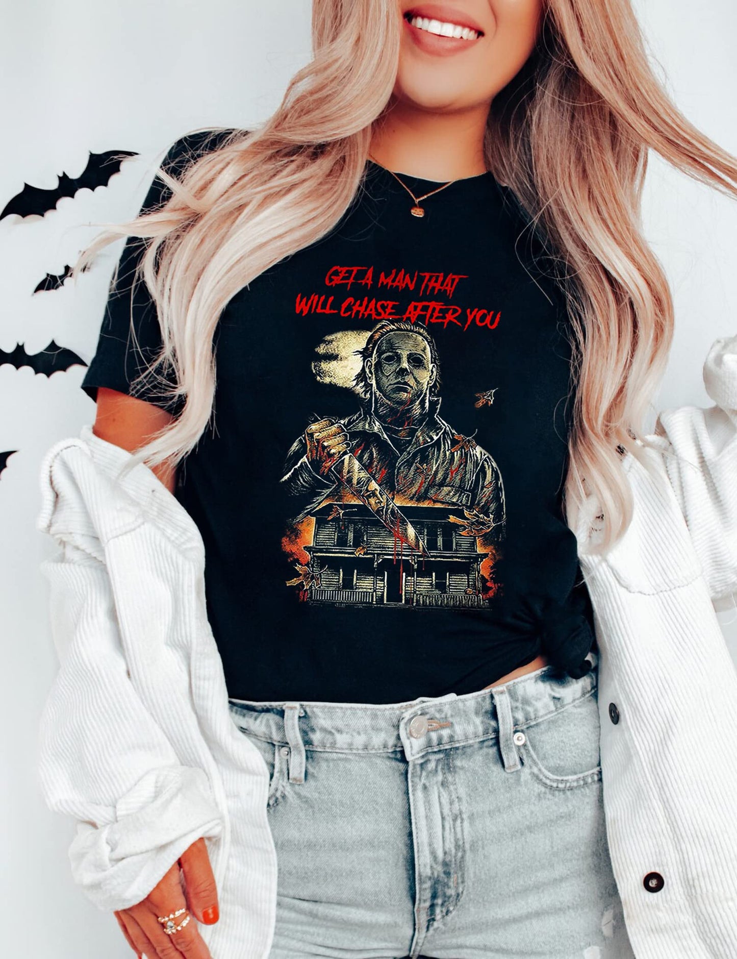 Get A Man That Will Chase After You Halloween Bleached Shirt Women Horror Scary Graphic Tees Top(BK2,M)