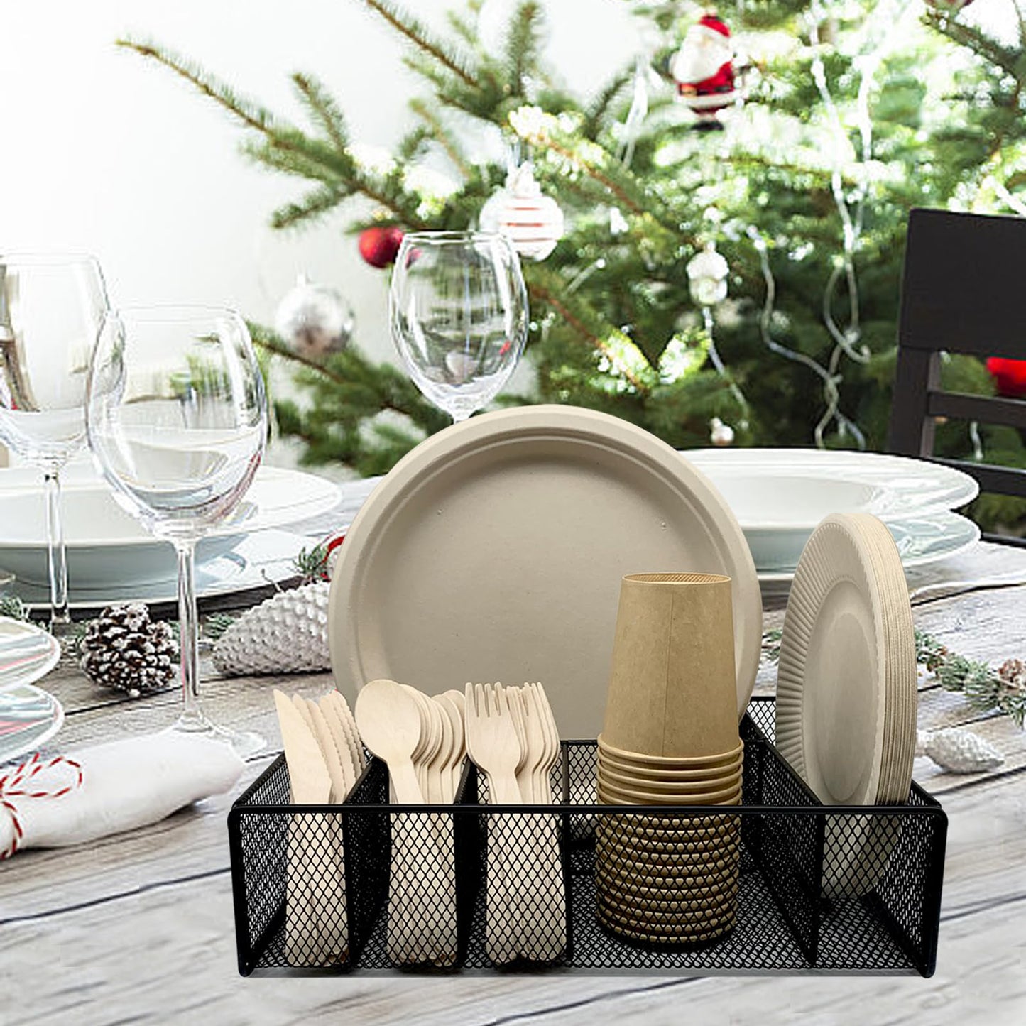 Dysanvica Metal Paper Plate Holder - Utensil Silverware Caddy for Kitchen Counter Cabinet Cutlery Flatware Organizer Storage Dispenser Box for Plastic Spoon Fork Plates Napkins Cup Party Camping Black