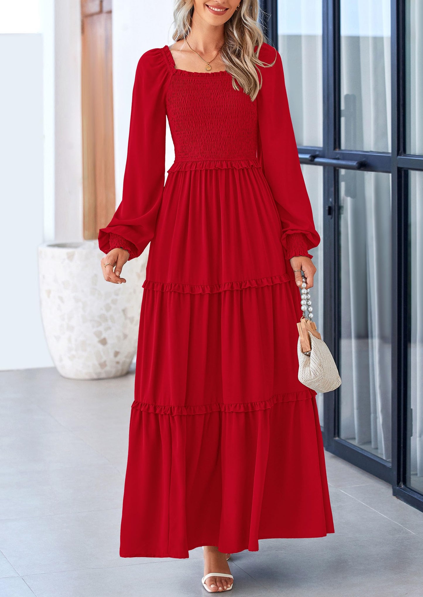 PRETTYGARDEN Fall Wedding Guest Dresses for Women 2025 Long Sleeve Square Neck Tiered A Line Modest Elegant Flowy Dresses (Red,Small)