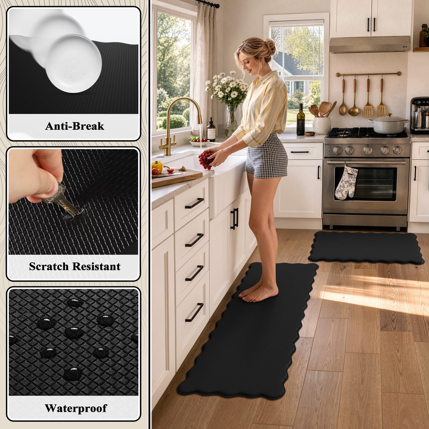 KIMODE Scalloped Kitchen Mats for Floor Cushioned Anti Fatigue,Wavy Kitchen Sink Rugs Sets of 2 Non Slip,Comfort Memory Foam Kitchen Floor Mat Carpet for Office Laundry,Black