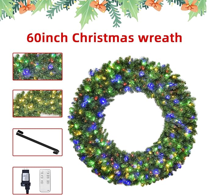 60in Large Christmas Wreath - HOYECHI Lighted Wreaths Holiday Decor, Outdoor Wreath with 300 Colorful LEDs, 930 PVC Tips, Metal Hook, 9 Functions, Timer, Power Plug-in, Remote Controls