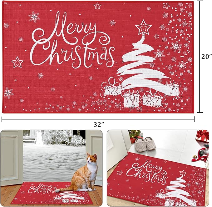 CAROMIO Christmas Welcome Mat 20x32 Inch - Xmas Decorative Doormat with Christmas Tree & Snowflake Pattern - Non Slip, Holiday Outdoor/Indoor Entrance Floor Mat