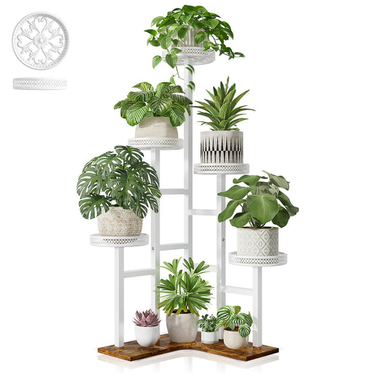 NQW Tiered Plant Stand Outdoor,5 Potted Corner Plant Stands Tall Indoor, Metal Planter Display Rack for Multiple Plants, Wood Tall Plant Rack Shelf for House Patio LivingRoom - WhiteWave