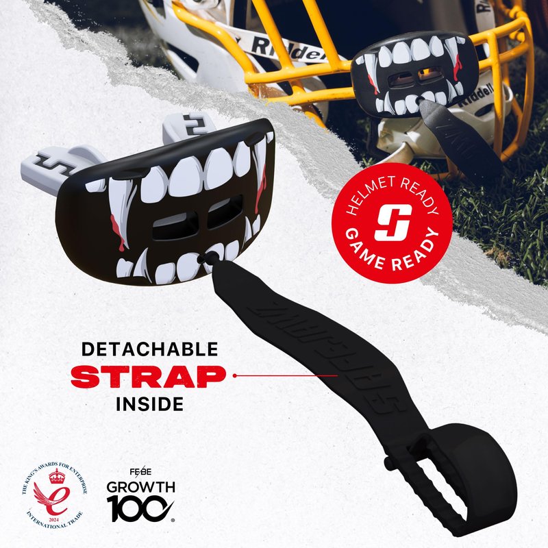SafeJawz Sports Lip Guard, Football Mouth Guard with Connected Strap, Adults and Junior Breathable Lip Protector for Football, Lacrosse