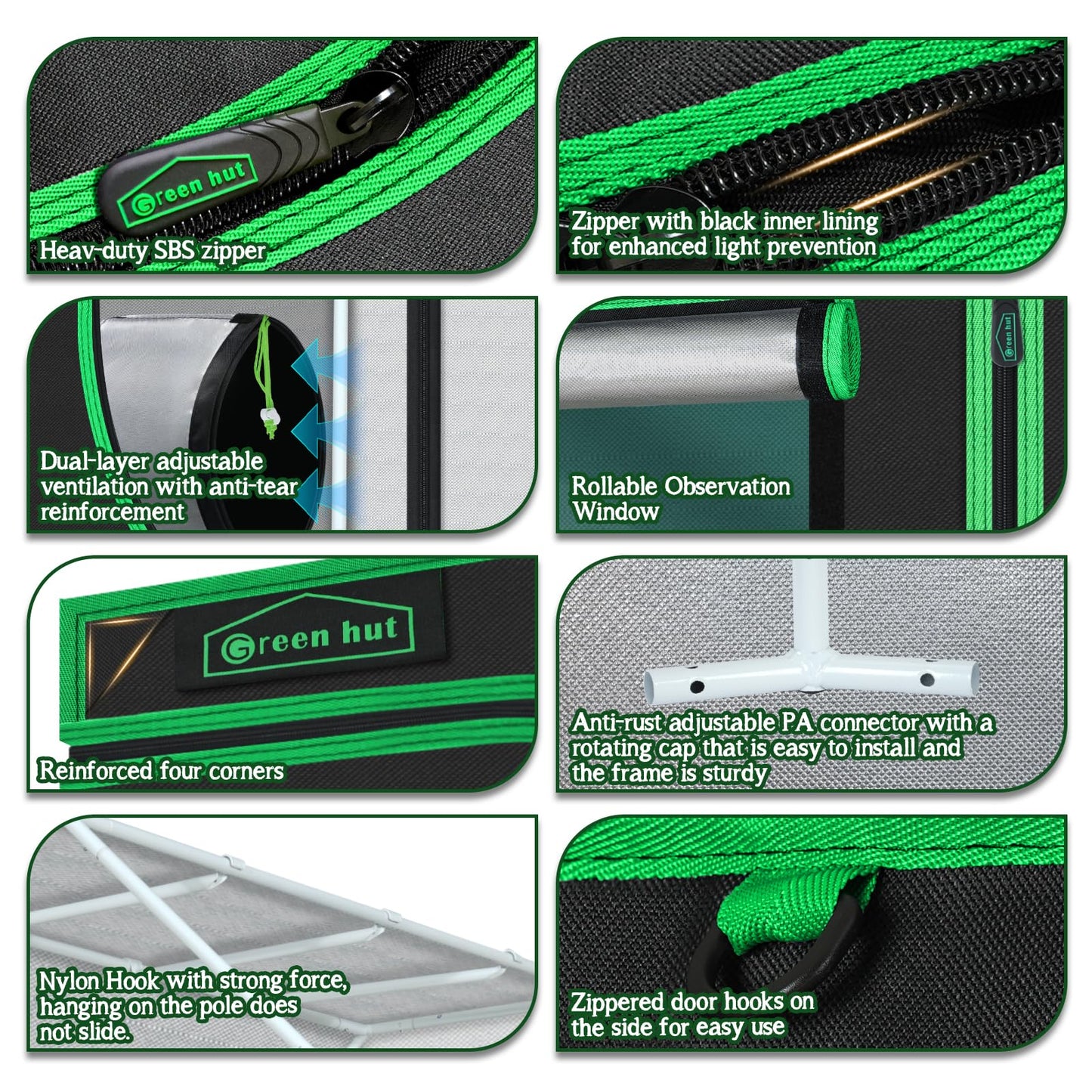 Green Hut 96"x48"x72" Roof Cube Grow Tent with Observation Windows, Lightproof, Mylar Hydroponic Tent with Floor Tray for Indoor Plant Growth