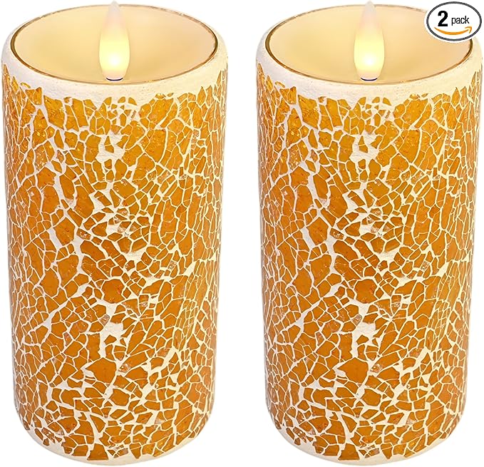 Glass Flameless Pillar Candles Flickering with Remote Timer, Battery Operated LED 3D Moving Flame Real Wax Candles,Remote Included (Honey Yellow Cracked Glass)