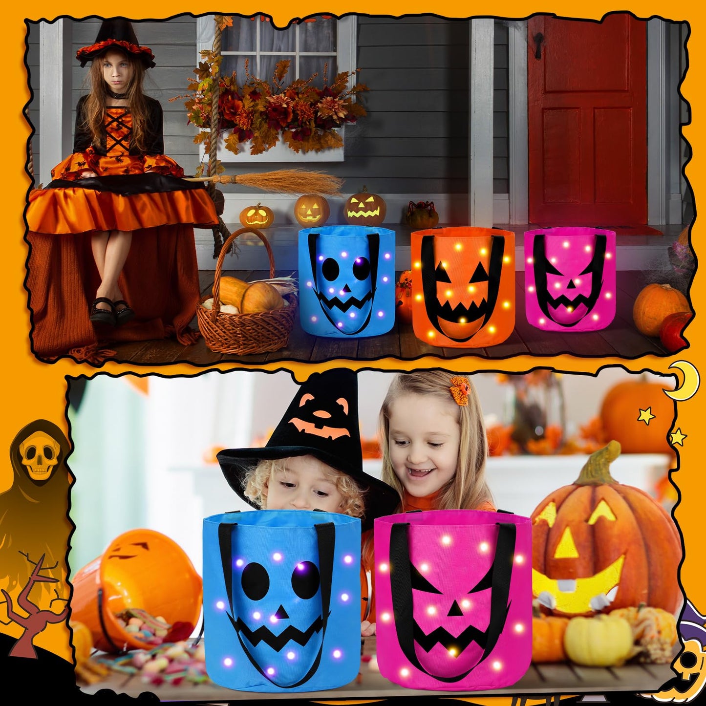 Sadnyy 3 Pcs Halloween Trick or Treat Bags Light up for Kids Pumpkin Candy Bucket LED Halloween Treating Baskets Reusable Goody Tote Bag for Party Favor Supplies(Pink, Blue, Orange)
