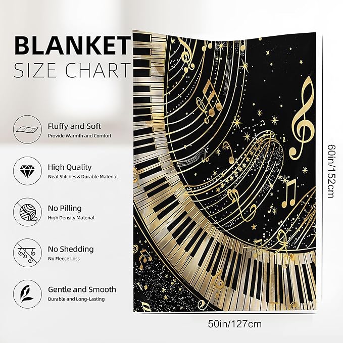 Piano Notes Throw Blanket, Black Gold Blanket Throw for Adults, Lightweight Soft Cozy Blanket for Couch Sofa Bed Room Decor 50x60 Inches