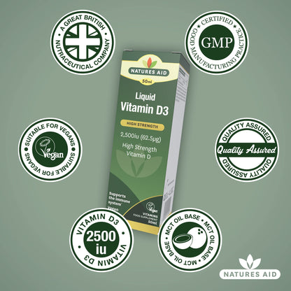 Natures Aid Vitamin D3 Liquid 2500iu 50ml – High Strength Cholecalciferol Vit D Drops – Bone & Immune Support – Vegan, Non-GMO, Gluten-Free – Natural Supplement Includes Dropper