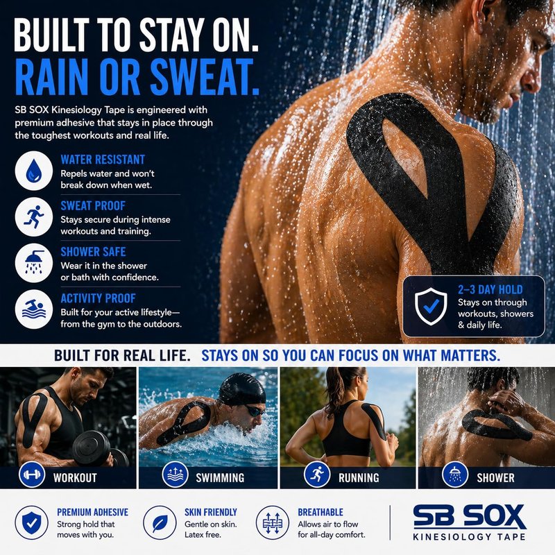 SB SOX Original Cotton Kinesiology Tape Roll – Best Latex Free Athletic Tape for Muscles/Joints – Waterproof, Stretchy, and Gentle on Skin (16ft)