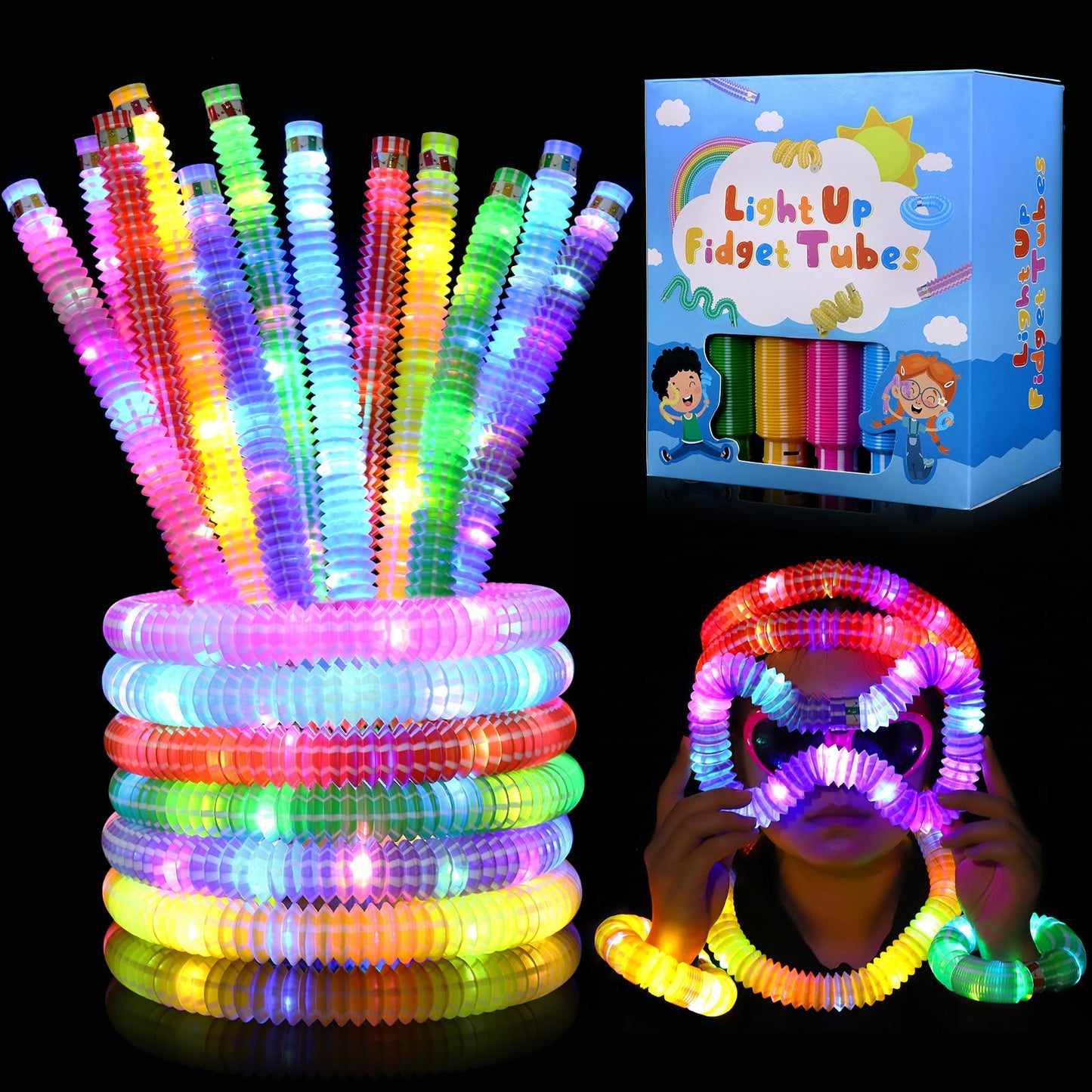 24 Pack Glow Sticks Classroom Halloween Party Favors for Kids 4-8-12, Goodie Bags Stuffers Light up Pop Tubes, Bulk Glow Necklace Bracelet Birthday Glow in the Dark Party Supplies Party Decoration
