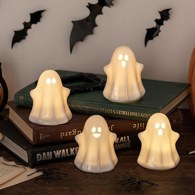4PCS Halloween Ceramic Ghosts Light Up LED White Spooky Ghosts Figurines Scary Statue Sculpture Halloween Decor Gift for Fall Props Desk Tabletop Centerpieces Home Indoor Decorations
