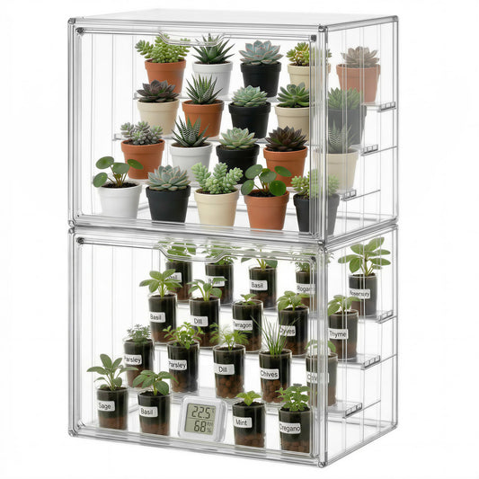 HBlife Mini Greenhouse for Indoor, Clear Stackable Green House with Magnetic Door & Adjustable Drainage Dividers, Tabletop Portable Greenhouse for Small Plants Nursery Germination and Display, 2 Pack