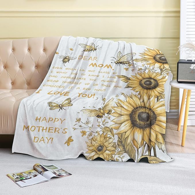 Fleece Blanket - 50x60in Mom from Daughter Son Birthday Heartfelt Message Sunflower Throw Blankets,Soft Cozy Lightweight, Ideal for Living Room Home Decor
