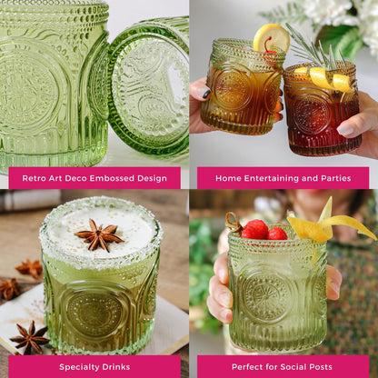 Kate Aspen Retro Arch Floral Green Drinking Glasses Set of 6-10 oz Vintage Beaded Glassware, Textured Water & Cocktail Cups, Holiday Drinkware, Christmas Gift Glass Set, Hostess or Holiday Gift