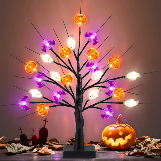 18 Inch Black Halloween Tree Light with 24 LED Pumpkin Bat Ghost Lights, Timer/USB/Battery Operated Halloween Lights Halloween Decorations Indoor Outdoor for Home Table Mantle Halloween Party Decor