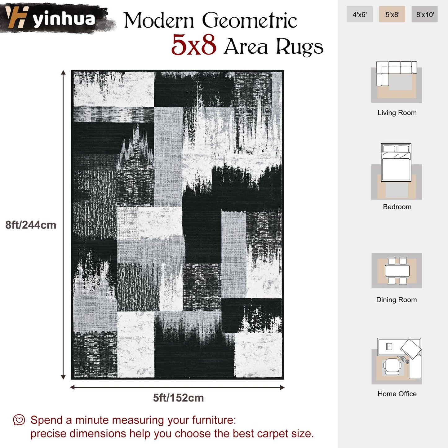 Yinhua Modern Geometric 5x8 Area Rug, Patchwork Grey Rugs for Living Room Washable Abstract Area Rug Non Slip, Soft Bedroom Rugs Stain Resistant, Mid Century Low Pile Carpet for Dining Room, Office