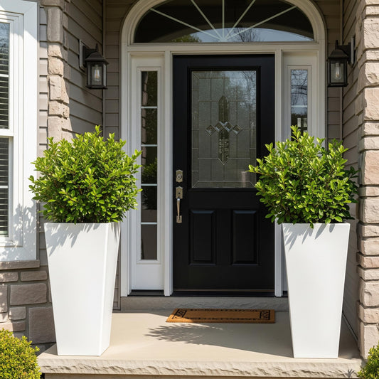 WORTH Garden Large 28 in.Tall Planters Set of 2 for Indoor and Outdoor, Heavy Duty Plastic White Modern Taper Flower Plant Pots with Drainage Hole and Dual-Purpose Tray for Front Porch, Patio