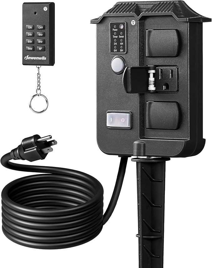 DEWENWILS Outdoor Power Stake Timer Waterproof, 6 Grounded Outlets, 6FT Extension Cord, 100FT Wireless Remote Control, Photocell Dusk to Dawn Timer for Christmas Lights, Garden, UL Listed