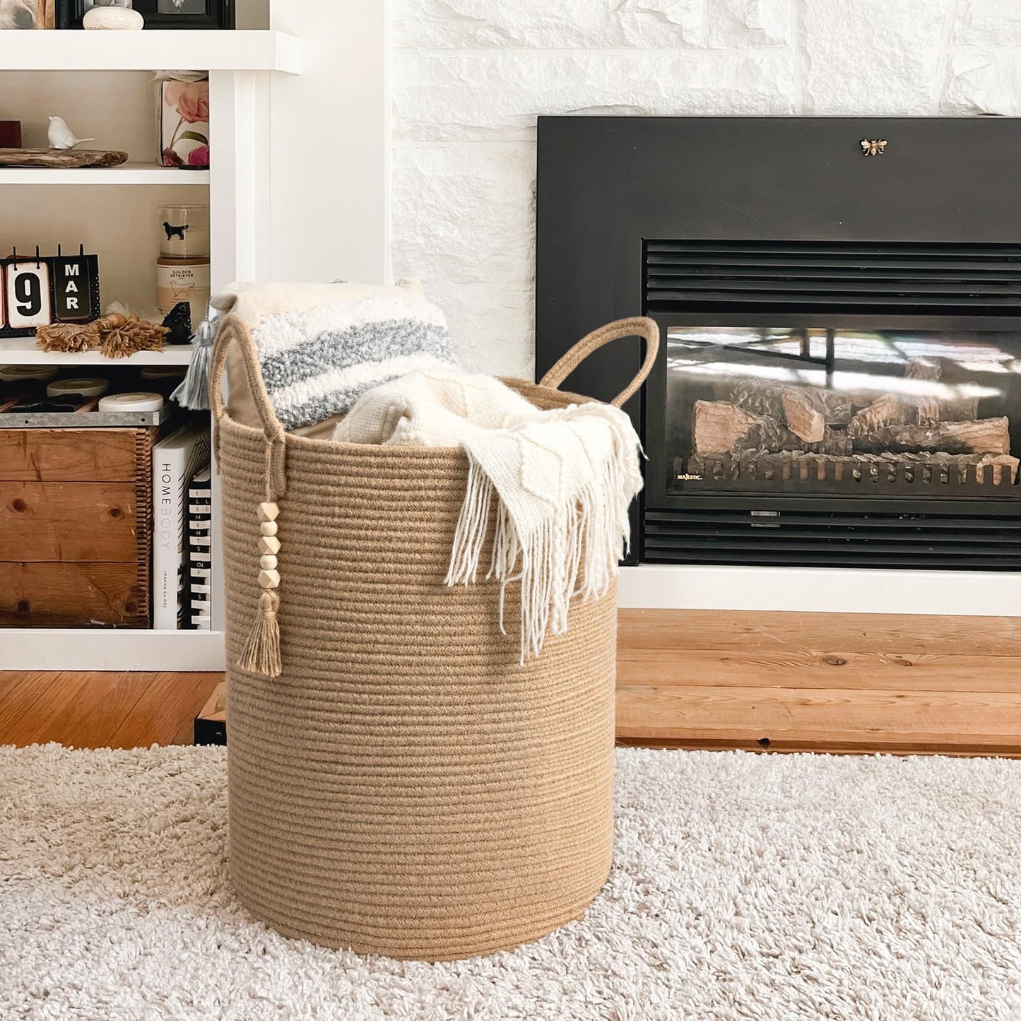 Goodpick Boho Jute Laundry Hamper Basket, Wicker Laundry Basket with Handles, Tall Baby Nursery Hamper, Large Woven Blanket Storage for Living Room, Bedroom, 16" x 20"