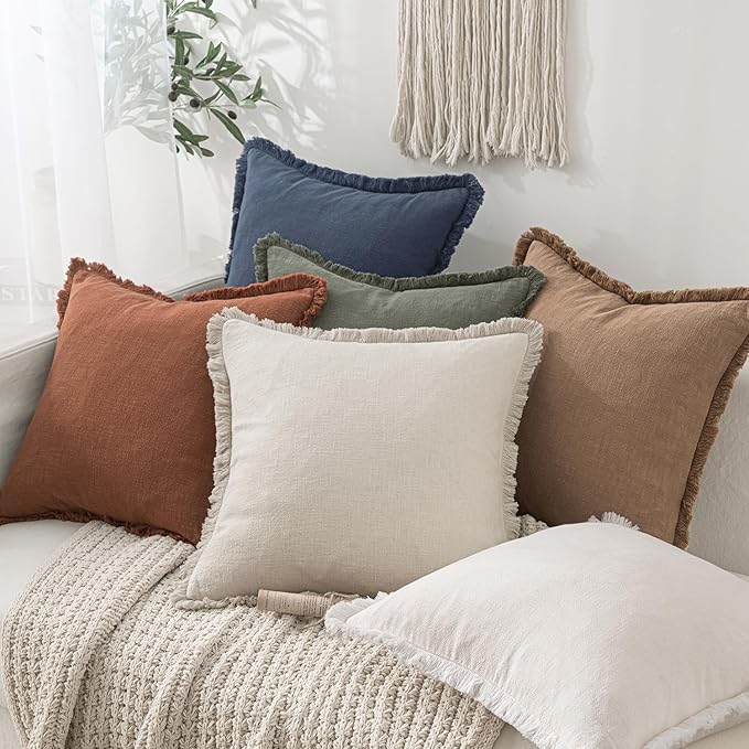 MIULEE Christmas Decorative Throw Pillow Covers Neutral Linen Fringe Throw Pillows Set of 2 Indigo Blue Boho Farmhouse Cushion Covers Coastal Decor for Couch Sofa Bed Living Room Decor 20x20 Inch