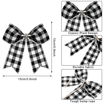 WILLBOND 12 Pieces Buffalo Plaid Bows Burlap Decorative Velvet Bows for Wreaths for Gift Wrap Christmas Party Decoration(Black and White,6 x 6 Inch)