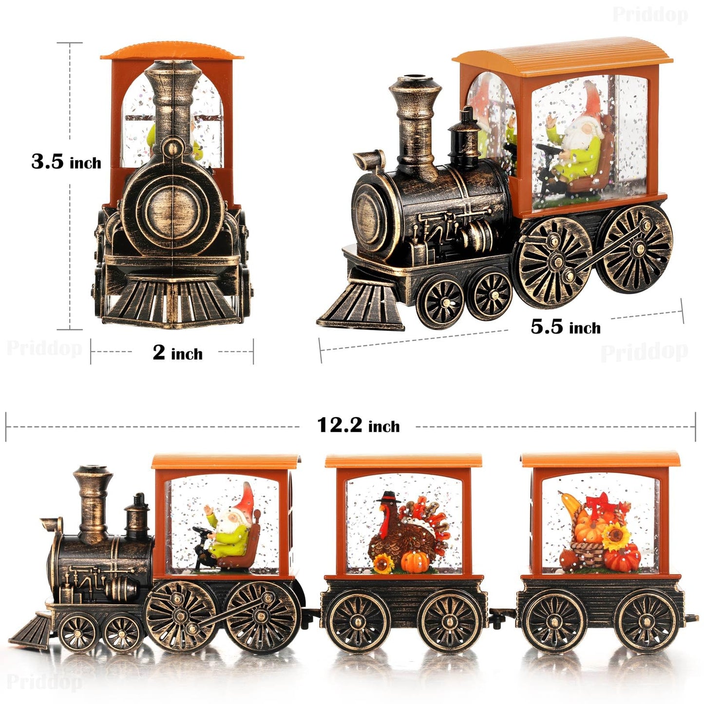 Priddop Fall Snow Globe Train Gnome Turkey Pumpkin Classic Relief Texture Battery Powered LED Glitter Fall Decorations for Home Autumn Harvest Thanksgiving Gifts