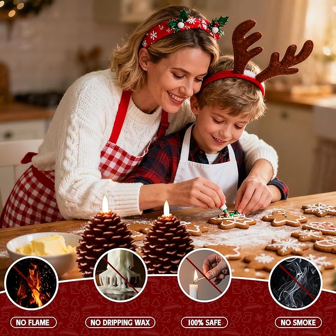 Christmas Flameless Pinecone Candles with Remote,Real Wax Battery Operated Candles, Flickering Led Pine Cone Candle for Xmas Holiday Winter Home Decoraction, 2 Pack