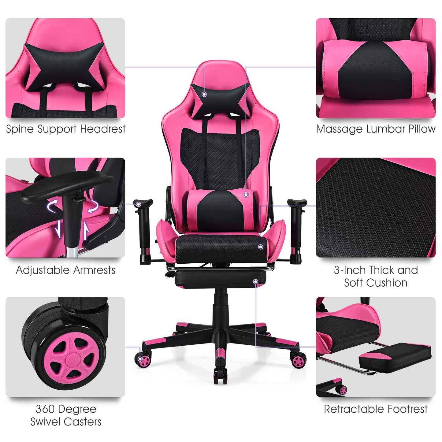 Giantex Massage Gaming Chair Pink, Ergonomic Video Game Chair with Footrest, High Back E-Sport Computer Chair with Headrest & Massager Lumbar Support, PU Leather Gaming Seat