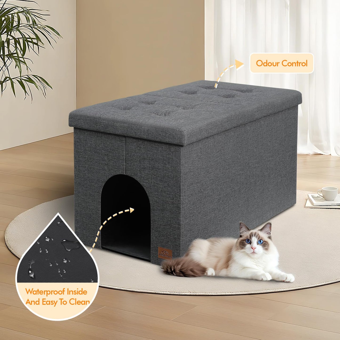 Zerbuger Cat Litter Box Enclosure Furniture for Odor Control, Hidden Cabinet Cats Litter Ottoman with Flip-Up Lid,Cat Litter Box Bench with Storage Space, Dog Proof(Grey, Large)