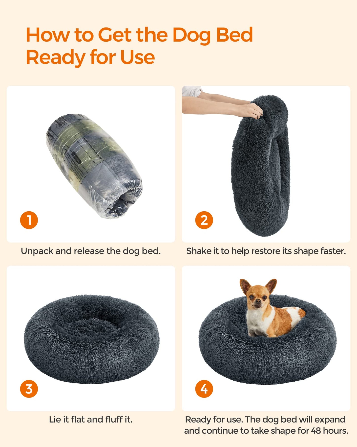 Feandrea Fluffy Dog Bed, Cat Bed, Doughnut Cushion, Washable, Removable Padding in The Centre, Long Plush, 60 cm Diameter, Dark Grey PGW038G02