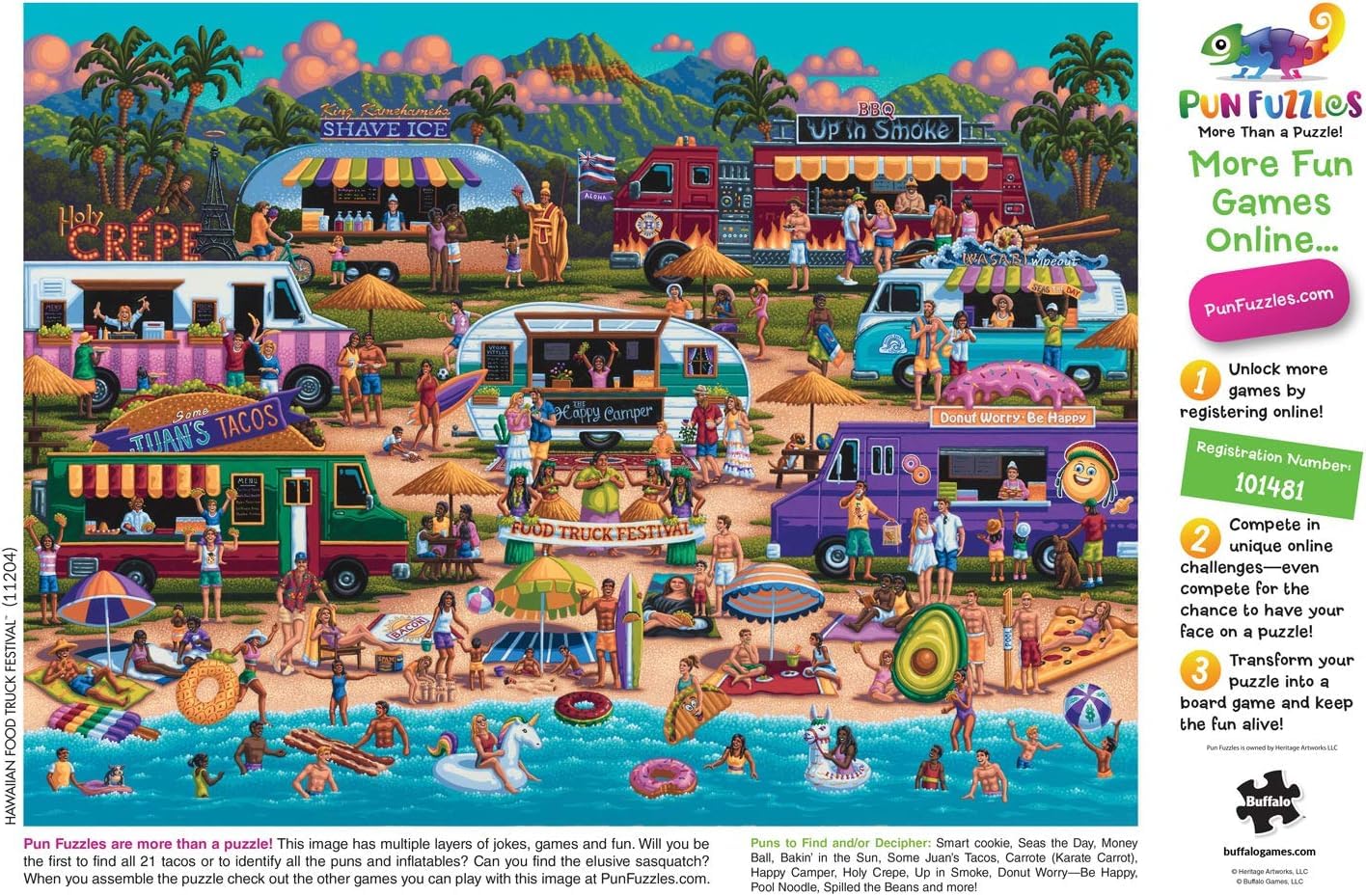 Buffalo Games - Pun Fuzzles - Hawaiian Food Truck Festival - 1000 Piece Jigsaw Puzzle For Adults -Challenging Puzzle Perfect for Game Nights - Finished Size is 26.75 x 19.75