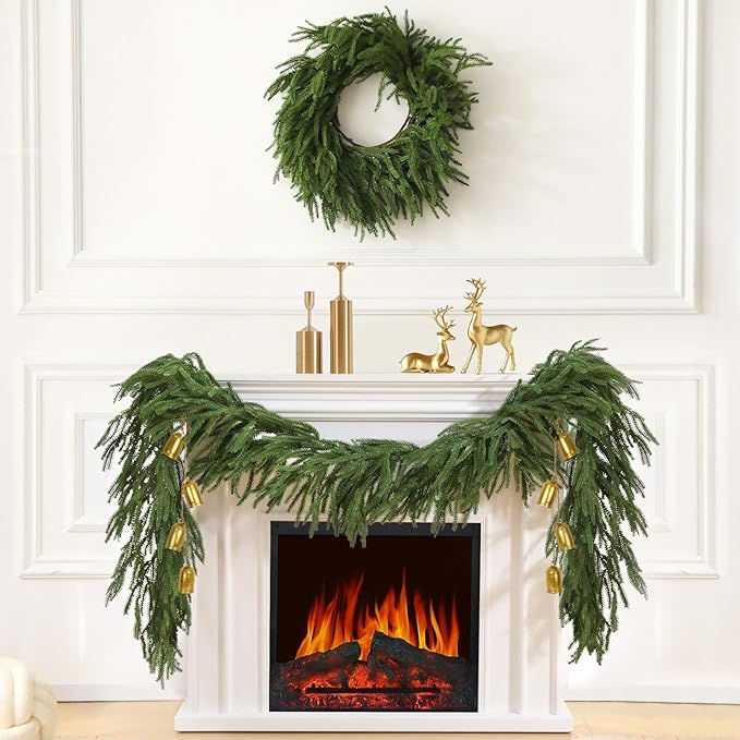 9FT Christmas Norfolk Pine Garland, Realistic Greenery Artificial Garland for Indoor Outdoor Door Porch Fireplace Wall Staircase Holiday Christmas Decor