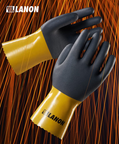 LANON PVC Chemical Resistant Gloves, Reusable Heavy-Duty Work Gloves, Acid, Alkali and Oil Protection, EN 374/388, Non-Slip, X-Large