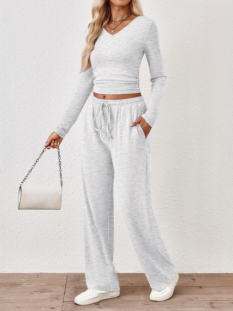 Trendy Queen Two 2 Piece Matching Lounge Sets for Women 2025 Winter Clothes Fashion Travel Vacation Sets Sweatsuits Casual Workout Airport Outfits Fall Clothing White Grey M