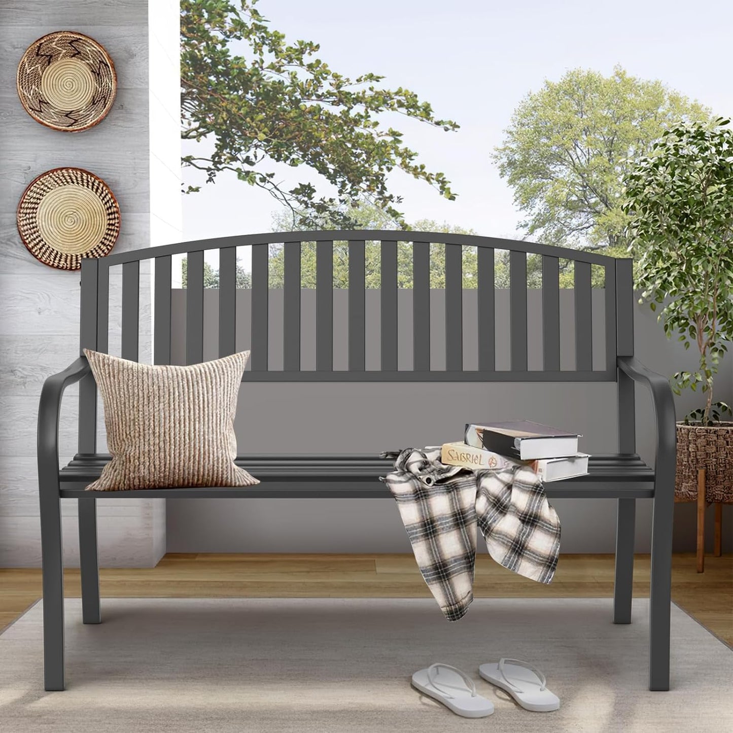 On Shine 50'' Outdoor Bench Weatherproof, Cast Iron All Metal Frame Garden Bench, Anti-Rust Patio Park Bench Clearance for Front Porch, Yard, Lawn, Deck